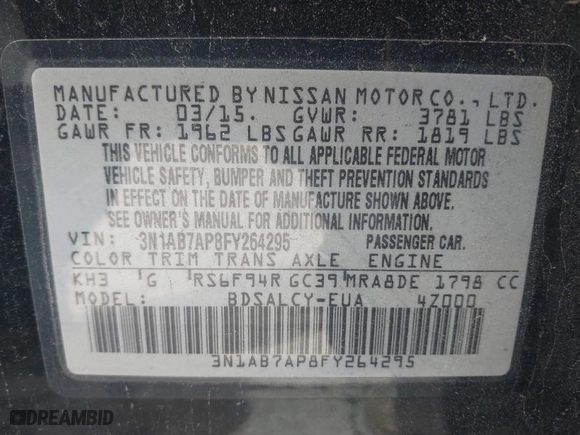 2015 Nissan Sentra SR with VIN 3N1AB7AP8FY264295, listed as a IAAI auction lot 41734824 with 147,388 mi miles. Bid and sale history available at carsss.com. Image 9.