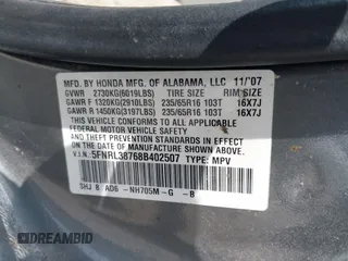 2008 Honda Odyssey EX-L with VIN 5FNRL38768B402507, listed as a IAAI auction lot 42036786 with 235,112 mi miles. Bid and sale history available at carsss.com. Image 9.