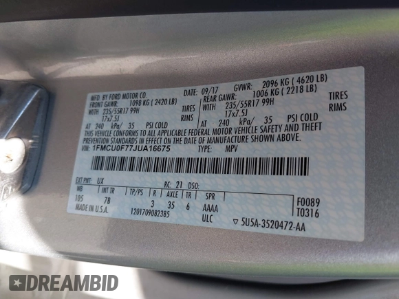 2018 Ford Escape S with VIN 1FMCU0F77JUA16675, listed as a IAAI auction lot 41866472 with 191,467 mi miles. Bid and sale history available at carsss.com. Image 9.