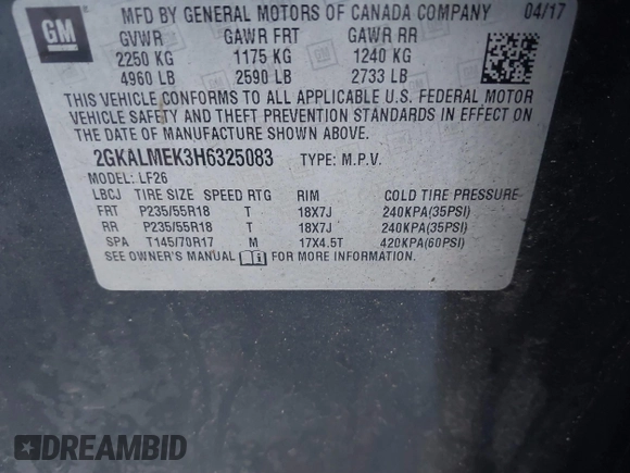 2017 GMC Terrain SLE with VIN 2GKALMEK3H6325083, listed as a IAAI auction lot 41546736 with 105,572 mi miles. Bid and sale history available at carsss.com. Image 9.