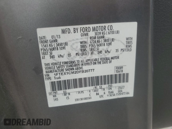 2013 Ford F-150 XL with VIN 1FTEX1CM2DFB20777, listed as a Copart auction lot 59378055 with 163,128 mi miles and Salvage title. Bid and sale history available at DreamBid. Image 12.