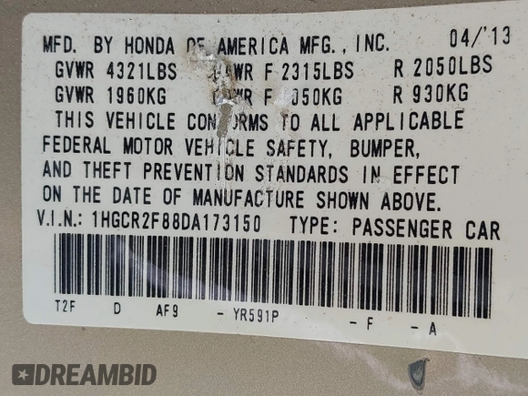 2013 Honda Accord Sdn EX-L with VIN 1HGCR2F88DA173150, listed as a IAAI auction lot 41998370 with 98,512 mi miles. Bid and sale history available at carsss.com. Image 9.