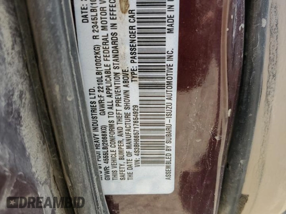 2001 Subaru Legacy Outback with VIN 4S3BH665717654929, listed as a Copart auction lot 62233615 with 274,679 mi miles and Clean title. Bid and sale history available at DreamBid. Image 13.