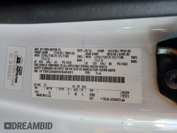 2017 Ford F-250 XL with VIN 1FTBF2A68HEB45291, listed as a Copart auction lot 74703744 with Not provided miles and Salvage title. Bid and sale history available at DreamBid. Image 12.