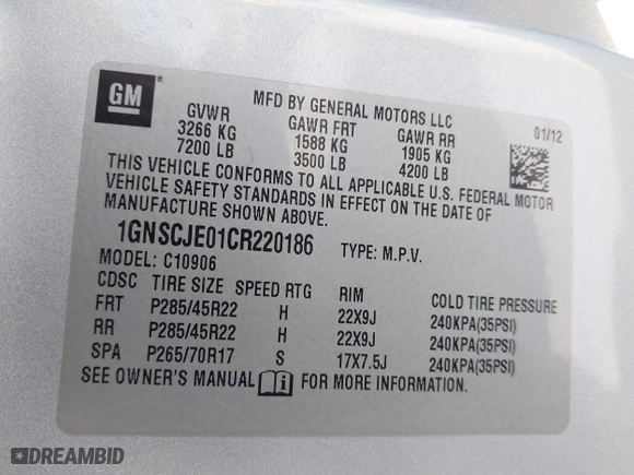 2012 Chevrolet Suburban LT with VIN 1GNSCJE01CR220186, listed as a IAAI auction lot 41476520 with 117,714 mi miles. Bid and sale history available at carsss.com. Image 9.