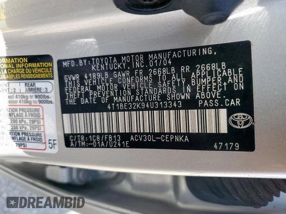 2004 Toyota Camry LE z VIN 4T1BE32K94U313343, wystawiony jako Copart lot #58053425 z przebiegiem 120 515 mil mil oraz Szkoda całkowita • Salvage title. Historia ofert i sprzedaży dostępna na DreamBid. Obrazek 13.