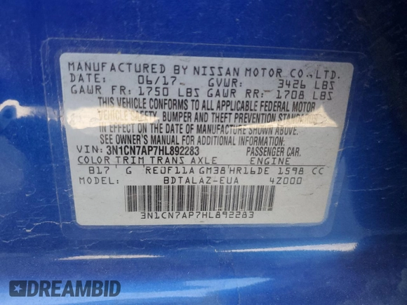 2017 Nissan Versa S Plus with VIN 3N1CN7AP7HL892283, listed as a Copart auction lot 61260695 with 193,544 mi miles and Salvage title. Bid and sale history available at DreamBid. Image 12.