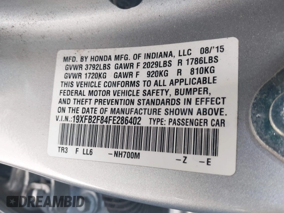 2015 Honda Civic EX with VIN 19XFB2F84FE286402, listed as a IAAI auction lot 41925079 with 108,673 mi miles and . Bid and sale history available at DreamBid. Image 9.