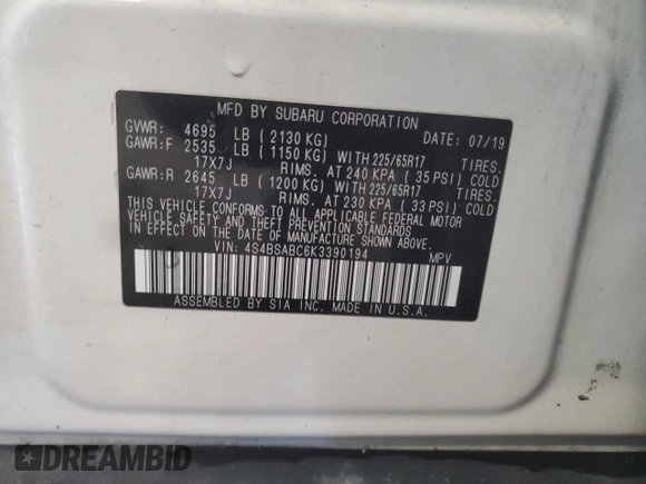 2019 Subaru Outback with VIN 4S4BSABC6K3390194, listed as a Copart auction lot 55839085 with 69,638 mi miles and Non repairable. Bid and sale history available at DreamBid. Image 12.