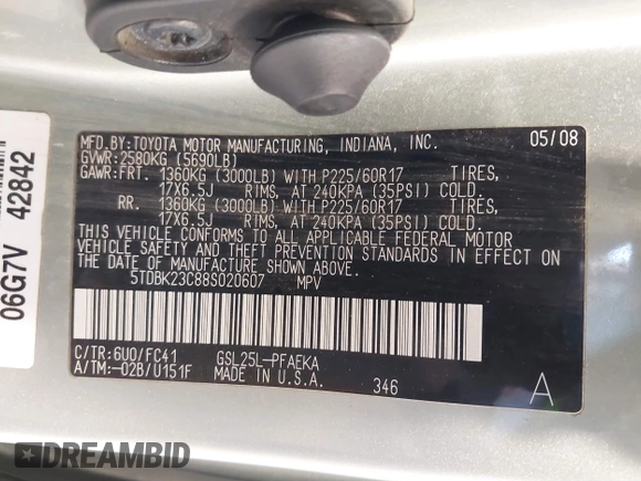2008 Toyota Sienna LE with VIN 5TDBK23C88S020607, listed as a IAAI auction lot 41748033 with 159,439 mi miles and . Bid and sale history available at DreamBid. Image 9.