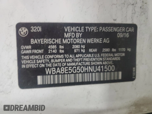 2017 BMW 3 Series 320i xDrive z VIN WBA8E5G50HNU41500, wystawiony jako Copart lot #61642765 z przebiegiem 156 574 mil mil oraz Czysty tytuł • Clean title. Historia ofert i sprzedaży dostępna na DreamBid. Obrazek 12.