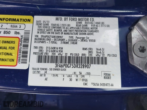 2013 Ford Fusion S with VIN 3FA6P0G75DR328907, listed as a IAAI auction lot 41603863 with 93,481 mi miles. Bid and sale history available at carsss.com. Image 9.