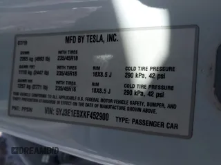2019 Tesla Model 3 Long Range with VIN 5YJ3E1EBXKF452900, listed as a IAAI auction lot 41454947 with 93,277 mi miles. Bid and sale history available at carsss.com. Image 9.