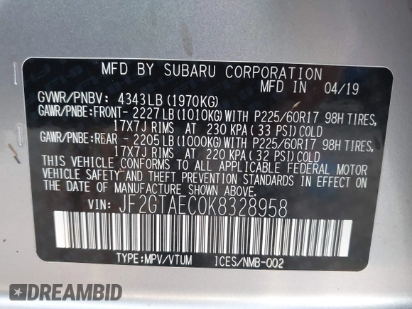 2019 Subaru Crosstrek Premium с VIN JF2GTAEC0K8328958, выставлен на аукционе IAAI как лот 40511542 с пробегом 21 555 миль миль и . История ставок и продаж доступна на DreamBid. Изображение 9.