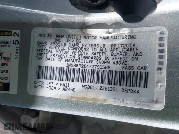 2007 Toyota Corolla CE with VIN 1NXBR32E47Z790569, listed as a IAAI auction lot 42373509 with 215,209 mi miles and . Bid and sale history available at DreamBid. Image 9.