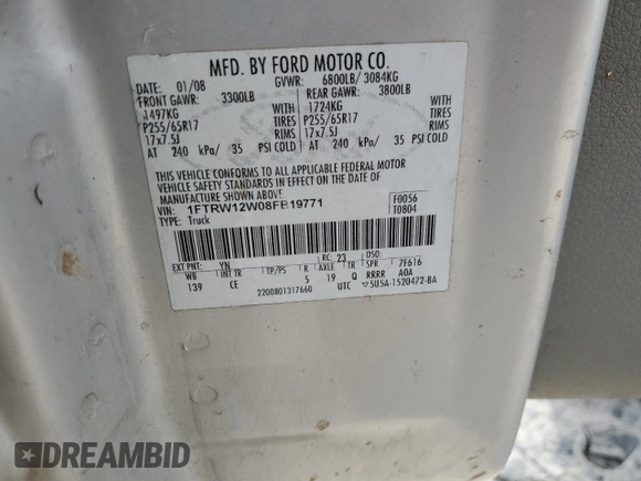 2008 Ford F-150 XL with VIN 1FTRW12W08FB19771, listed as a Copart auction lot 49075345 with 0 mi miles and Salvage Title. Bid and sale history available at carsss.com. Image 13.