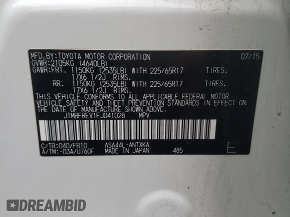 2015 Toyota RAV4 LE с VIN JTMBFREV1FJ041028, выставлен на аукционе Copart как лот 57437305 с пробегом 104 420 миль миль и Списание • Salvage title. История ставок и продаж доступна на DreamBid. Изображение 12.