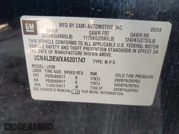2010 Chevrolet Equinox 1LT with VIN 2CNALDEWXA6201747, listed as a IAAI auction lot 42036767 with 147,494 mi miles and . Bid and sale history available at DreamBid. Image 9.