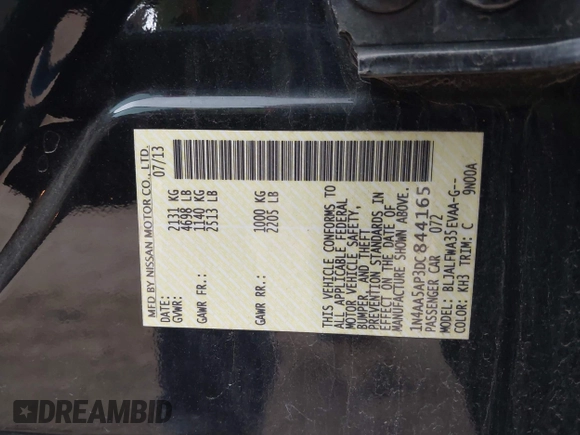 2013 Nissan Maxima SV z VIN 1N4AA5AP3DC844165, wystawiony jako IAAI lot #42244988 z przebiegiem 105 937 mil mil oraz . Historia ofert i sprzedaży dostępna na DreamBid. Obrazek 9.