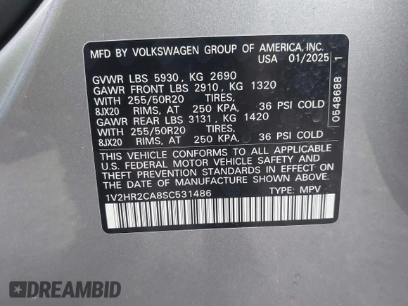2025 Volkswagen Atlas SE z VIN 1V2HR2CA8SC531486, wystawiony jako IAAI lot #42508906 z przebiegiem 10 565 mil mil oraz . Historia ofert i sprzedaży dostępna na DreamBid. Obrazek 9.