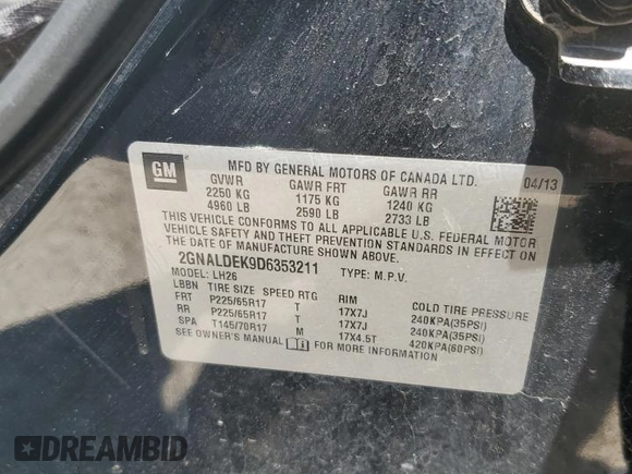 2013 Chevrolet Equinox LT with VIN 2GNALDEK9D6353211, listed as a Copart auction lot 53488764 with 164,890 mi miles and Salvage Title. Bid and sale history available at DreamBid. Image 12.