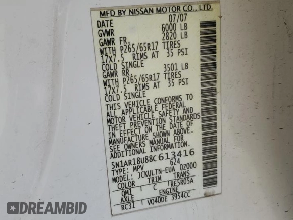 2008 Nissan Pathfinder LE with VIN 5N1AR18U88C613416, listed as a Copart auction lot 61178105 with 186,023 mi miles and Salvage title. Bid and sale history available at DreamBid. Image 13.