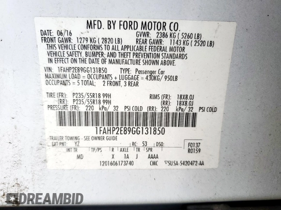 2016 Ford Taurus SEL with VIN 1FAHP2E89GG131850, listed as a Copart auction lot 60361245 with 126,653 mi miles and Salvage title. Bid and sale history available at DreamBid. Image 12.