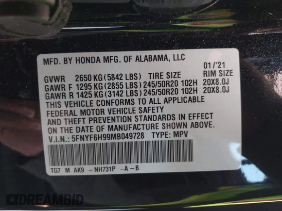 2021 Honda Pilot Touring 8-Passenger z VIN 5FNYF6H99MB049728, wystawiony jako IAAI lot #42194602 z przebiegiem 41 374 mil mil oraz . Historia ofert i sprzedaży dostępna na DreamBid. Obrazek 9.