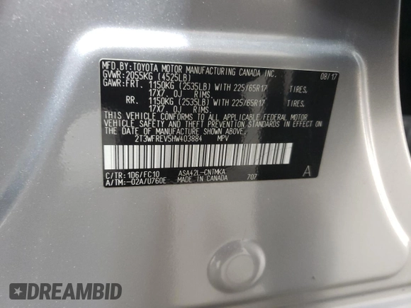 2017 Toyota RAV4 XLE with VIN 2T3WFREV5HW403884, listed as a Copart auction lot 53681565 with 83,658 mi miles and Clean Title. Bid and sale history available at DreamBid. Image 13.