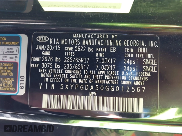 2016 Kia Sorento LX with VIN 5XYPGDA50GG012567, listed as a IAAI auction lot 42074624 with 107,605 mi miles and . Bid and sale history available at DreamBid. Image 9.