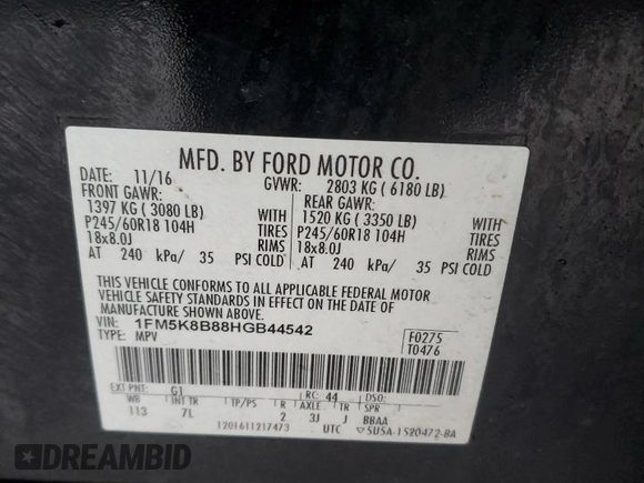 2017 Ford Explorer with VIN 1FM5K8B88HGB44542, listed as a Copart auction lot 43625775 with 134,918 mi miles and Salvage title. Bid and sale history available at DreamBid. Image 13.