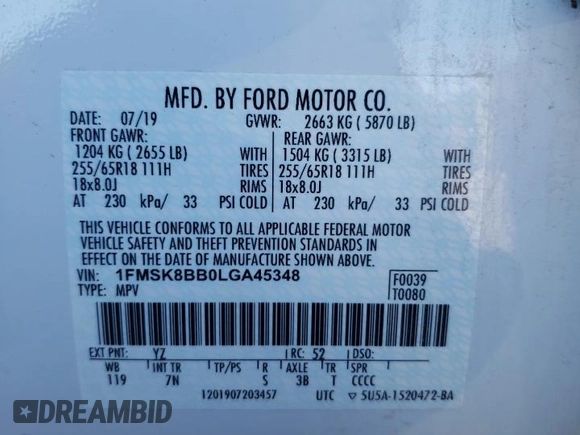 2020 Ford Explorer with VIN 1FMSK8BB0LGA45348, listed as a Copart auction lot 73347194 with 47,813 mi miles and Salvage Title. Bid and sale history available at carsss.com. Image 13.