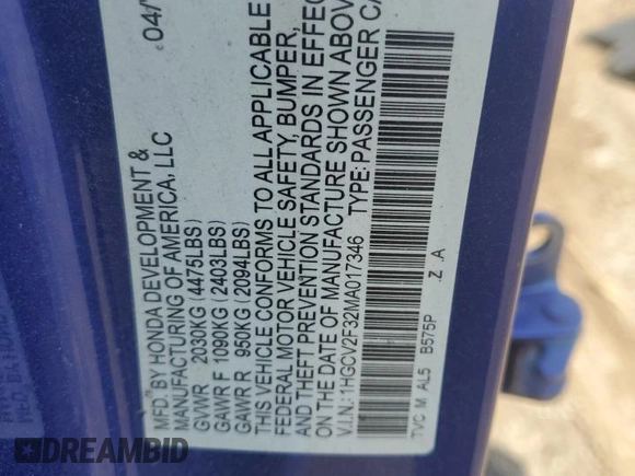 2021 Honda Accord Sport with VIN 1HGCV2F32MA017346, listed as a Copart auction lot 54362695 with Not provided miles and Salvage title. Bid and sale history available at DreamBid. Image 12.