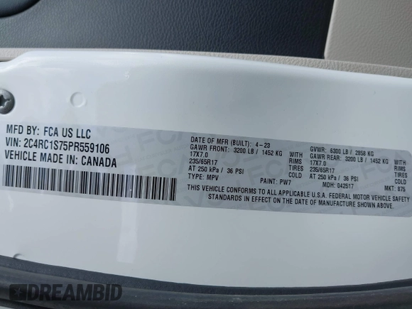 2023 Chrysler Pacifica Hybrid Limited with VIN 2C4RC1S75PR559106, listed as a IAAI auction lot 42613325 with 62,749 mi miles and . Bid and sale history available at DreamBid. Image 9.