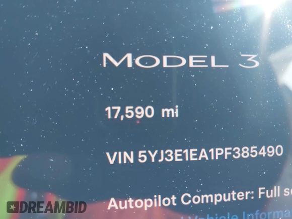 2023 Tesla Model 3 with VIN 5YJ3E1EA1PF385490, listed as a IAAI auction lot 42315884 with 17,590 mi miles and . Bid and sale history available at DreamBid. Image 16.
