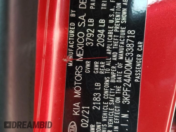 2021 Kia Forte FE with VIN 3KPF24AD0ME338718, listed as a Copart auction lot 77893723 with 41,865 mi miles and Clean title. Bid and sale history available at DreamBid. Image 12.