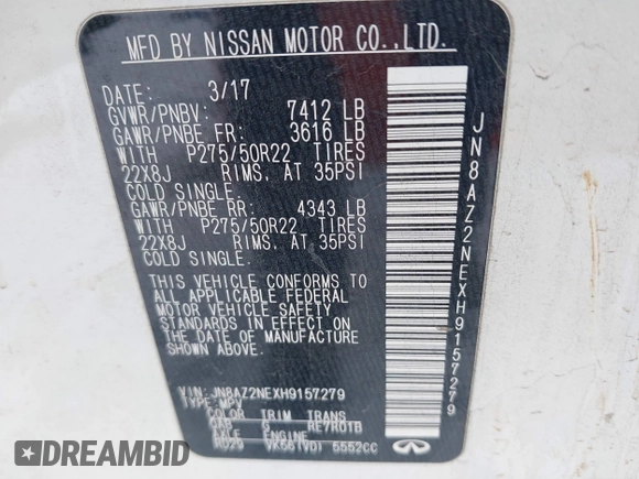 2017 Infiniti QX80 with VIN JN8AZ2NEXH9157279, listed as a IAAI auction lot 41286158 with Not Provided miles and . Bid and sale history available at carsss.com. Image 9.