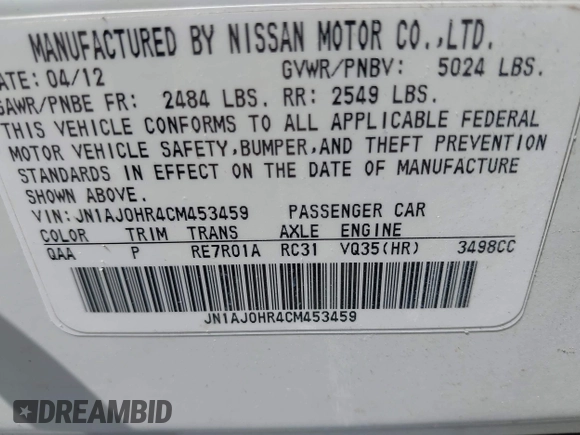 2012 Infiniti EX Journey with VIN JN1AJ0HR4CM453459, listed as a IAAI auction lot 42590149 with 130,189 mi miles and . Bid and sale history available at DreamBid. Image 9.