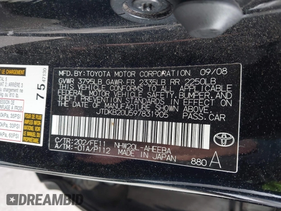 2009 Toyota Prius with VIN JTDKB20U597831905, listed as a IAAI auction lot 42172986 with 197,602 mi miles. Bid and sale history available at carsss.com. Image 9.