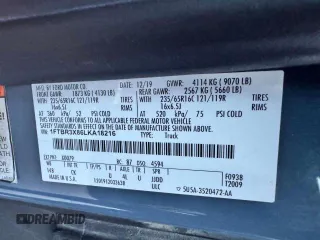 2020 Ford Transit Cargo with VIN 1FTBR3X86LKA18216, listed as a Copart auction lot 43860885 with 70,165 mi miles and Salvage Title. Bid and sale history available at carsss.com. Image 10.