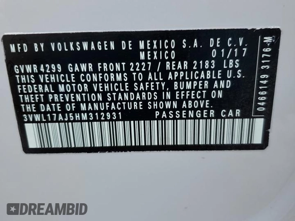 2017 Volkswagen Jetta SEL с VIN 3VWL17AJ5HM312931, выставлен на аукционе Copart как лот 52101195 с пробегом 37 192 миль миль и Списание • Salvage title. История ставок и продаж доступна на DreamBid. Изображение 12.