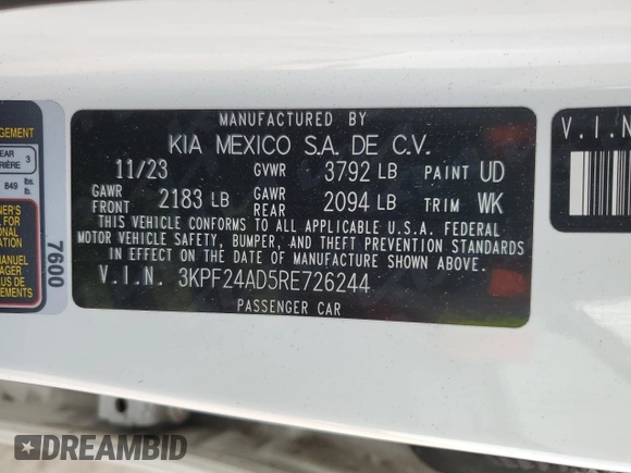 2024 Kia Forte LX with VIN 3KPF24AD5RE726244, listed as a Copart auction lot 47210975 with 35,402 mi miles and Salvage Title. Bid and sale history available at carsss.com. Image 12.