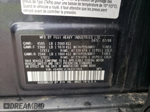 2010 Subaru Outback Limited z VIN 4S4BRCJC3A3317808, wystawiony jako Copart lot #63094675 z przebiegiem 174 345 mil mil oraz Szkoda całkowita • Salvage title. Historia ofert i sprzedaży dostępna na DreamBid. Obrazek 13.