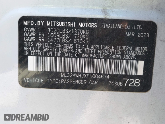 2023 Mitsubishi Mirage Black Edition with VIN ML32AWHJXPH004674, listed as a IAAI auction lot 42231841 with 19,978 mi miles and . Bid and sale history available at DreamBid. Image 9.