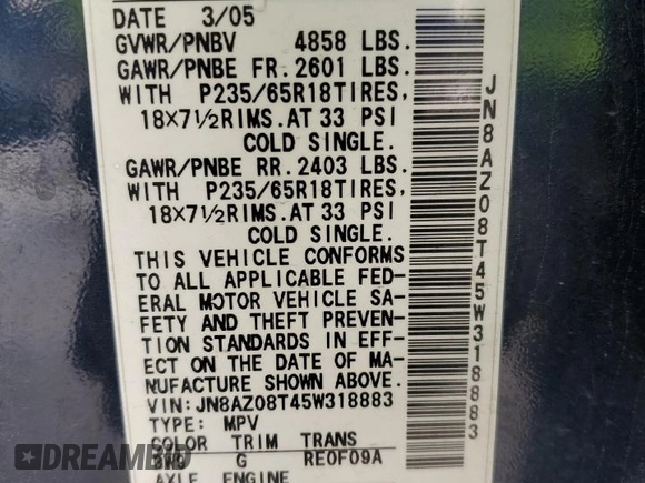 2005 Nissan Murano SL z VIN JN8AZ08T45W318883, wystawiony jako Copart lot #56180225 z przebiegiem 165 436 mil mil oraz Szkoda całkowita • Salvage title. Historia ofert i sprzedaży dostępna na DreamBid. Obrazek 14.