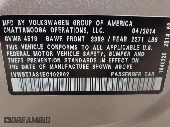 2014 Volkswagen Passat SE z VIN 1VWBT7A31EC102802, wystawiony jako IAAI lot #41344543 z przebiegiem 106 758 mil mil oraz . Historia ofert i sprzedaży dostępna na DreamBid. Obrazek 9.