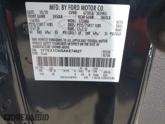 2010 Ford F-150 XL with VIN 1FTEX1CW5AKE74927, listed as a IAAI auction lot 42767900 with 191,784 mi miles and . Bid and sale history available at DreamBid. Image 9.