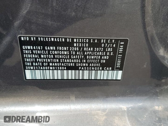 2015 Volkswagen Golf TSI S с VIN 3VW217AU0FM013804, выставлен на аукционе Copart как лот 53362275 с пробегом 59 025 миль миль и Списание • Salvage title. История ставок и продаж доступна на DreamBid. Изображение 13.
