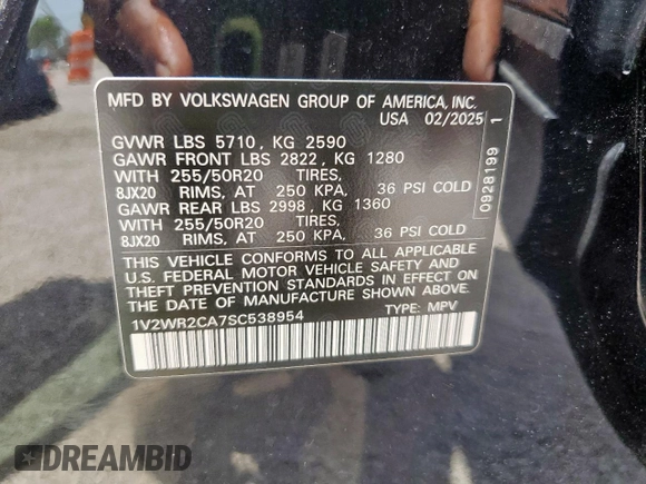 2025 Volkswagen Atlas SE with VIN 1V2WR2CA7SC538954, listed as a Copart auction lot 60905935 with 3,191 mi miles and Clean title. Bid and sale history available at DreamBid. Image 13.