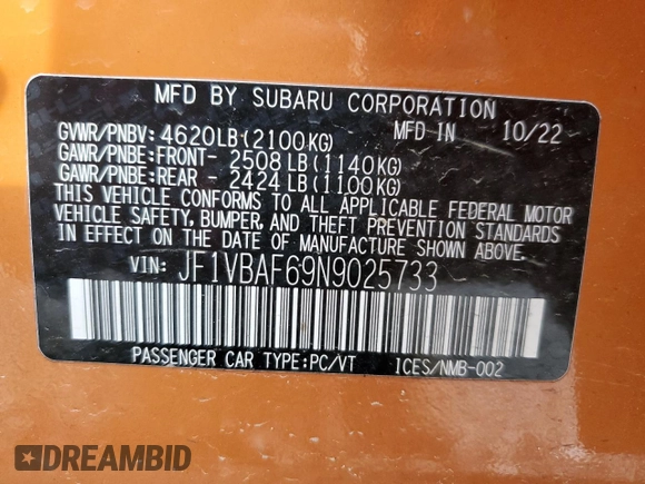 2022 Subaru WRX Premium with VIN JF1VBAF69N9025733, listed as a Copart auction lot 45037225 with 14,791 mi miles and Salvage title. Bid and sale history available at DreamBid. Image 12.